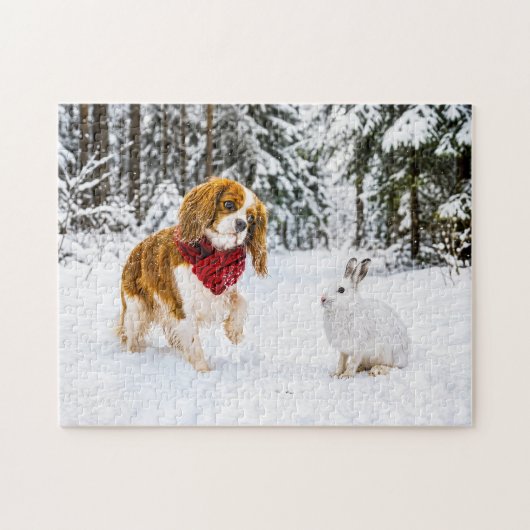 Spaniel trifft Schneehase im Winterwald Puzzle (Horizontal)