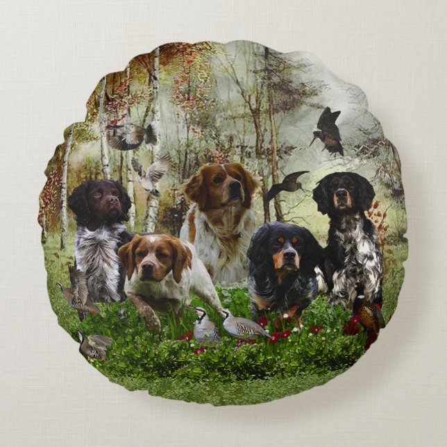 Spaniels in der Bretagne, Vogeljagd Rundes Kissen (Vorderseite)