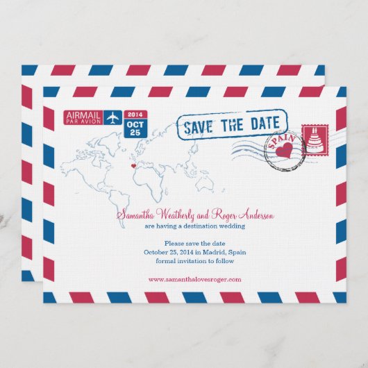 Spanien Air Mail Hochzeit speichern Datum Save The Date (Vorne/Hinten)