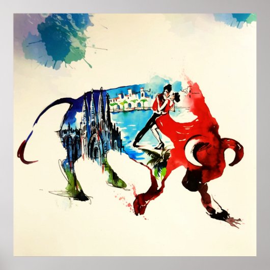 Spanien Bull Vintage Liebe Wasserfarbe Poster (Vorne)