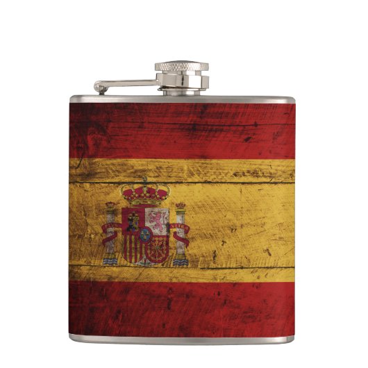 Spanien-Flagge auf altem hölzernem Korn Flachmann (Vorderseite)