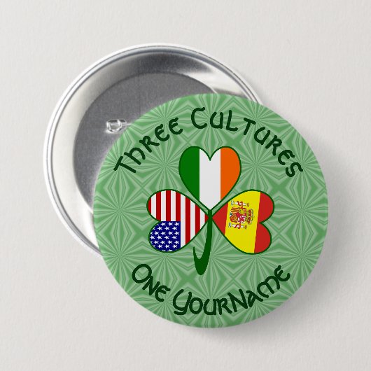 Spanien Irland USA Flaggen Kleeblatt Ihr Name Button (Vorne & Hinten)