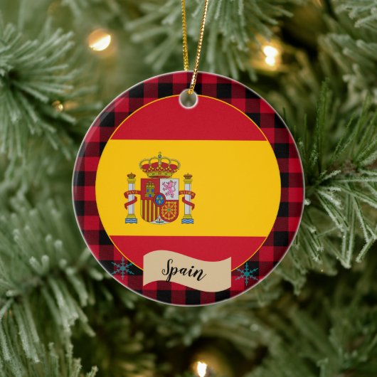 Spanien, rotes Büffel, karierte und spanische Flag Keramik Ornament (Baum)