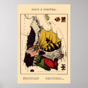Spanien und Portugal Komische Karte Vintage Poster