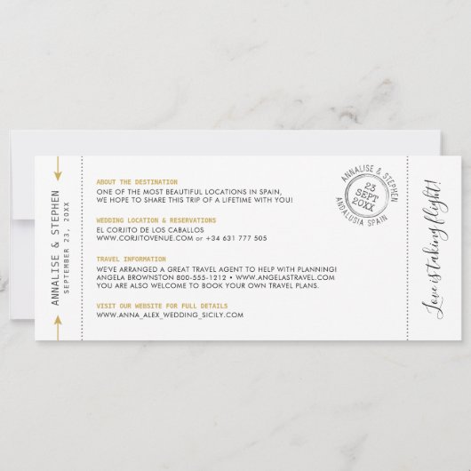 Spanien Ziel Boarding Pass Save the Date Gold Einladung (Rückseite)