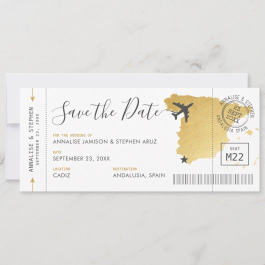 Spanien Ziel Boarding Pass Save the Date Gold Einladung (Vorderseite)