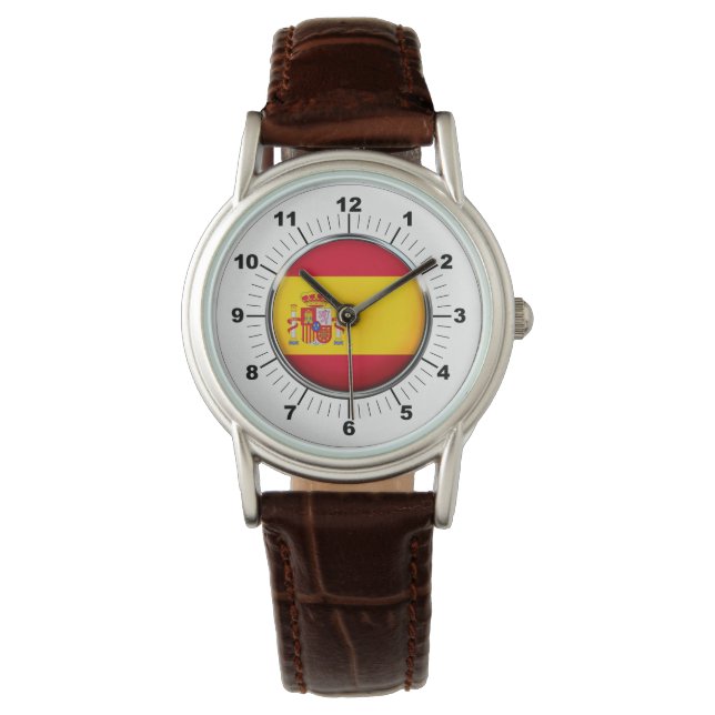 Spanienflagge Klassischer brauner Lederschimmer Armbanduhr (Vorderseite)