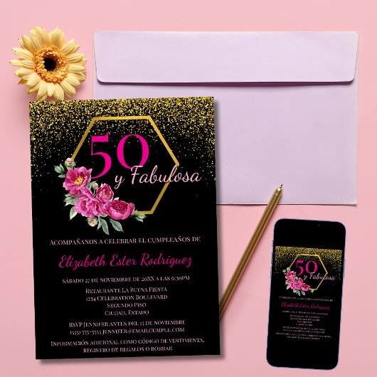 Spanisch 50 y Fabulosa Black Gold Pink Chic Floral Einladung