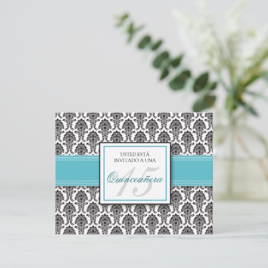 SPANISCH Aqua Damask Quinceñera Invitación Einladung (Stehend Vorderseite)