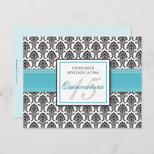 SPANISCH Aqua Damask Quinceñera Invitación Einladung (Vorne/Hinten)