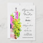 Spanisch, Aquarellpinken Kapelle Hochzeit Rett Dat Einladung (Vorderseite)
