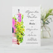 Spanisch, Aquarellpinken Kapelle Hochzeit Rett Dat Einladung (Stehend Vorderseite)