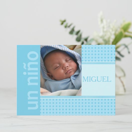 Spanisch Baby Boy Birth Ankündigung (Stehend Vorderseite)