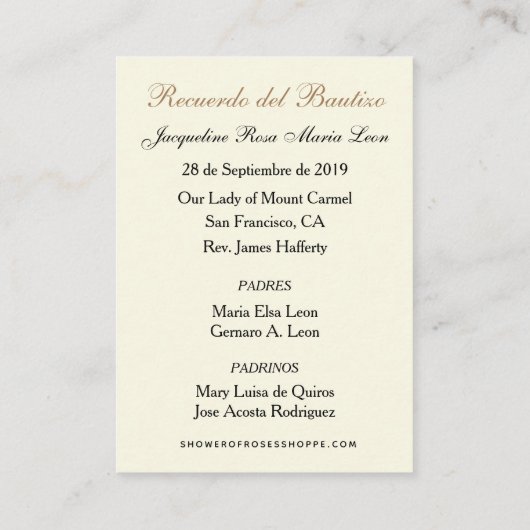 SPANISCH BAPTISM RECUERDO BAUTIZO RELIGIOUS PRAYER VISITENKARTE (Rückseite)