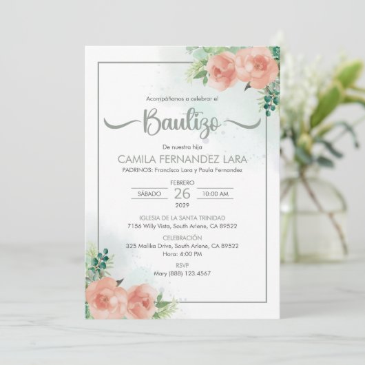 Spanisch Bautizo Einladung Rosa Blume Taufe (Stehend Vorderseite)