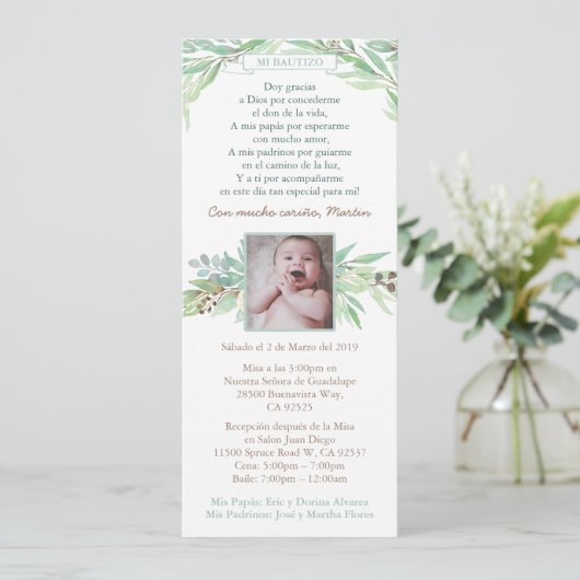 Spanisch Bautizo für Junge, Frühling Blätter Grün Einladung (Stehend Vorderseite)