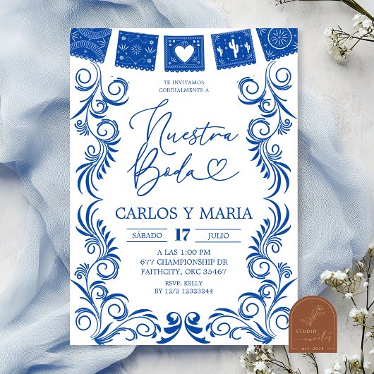 Spanisch blaue Talavera-Rahmen Nuestra Boda Einladung