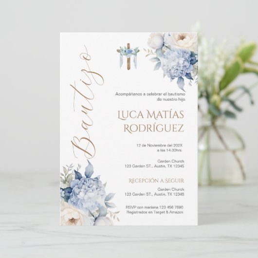 Spanisch Blauer Florenjunge Taufe Einladung (Stehend Vorderseite)