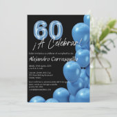 Spanisch Blue Balloons Black Cool 60. Geburtstag Einladung (Stehend Vorderseite)