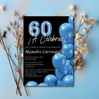 Spanisch Blue Balloons Black Cool 60. Geburtstag Einladung