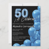 Spanisch Blue Balloons Black Fun 50. Geburtstag Einladung (Vorderseite)
