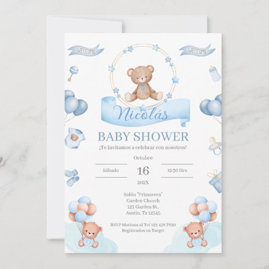 Spanisch Blue Bear Baby Dusche Einladung (Vorderseite)