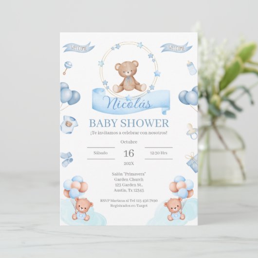 Spanisch Blue Bear Baby Dusche Einladung (Stehend Vorderseite)