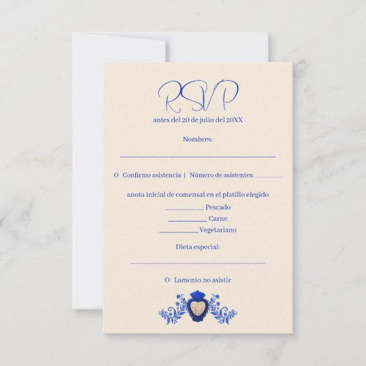 Spanisch Blue Milagro Herz Mexican Wedding RSVP Karte (Vorderseite)