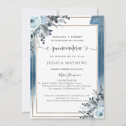 Spanisch Blue Quinceñera Wasserfarbe mit Blumen Einladung (Vorderseite)