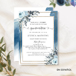 Spanisch Blue Quinceñera Wasserfarbe mit Blumen Einladung
