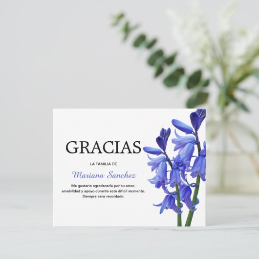 Spanisch Bluebells Gracias | Beileid Vielen Dank Dankeskarte (Stehend Vorderseite)