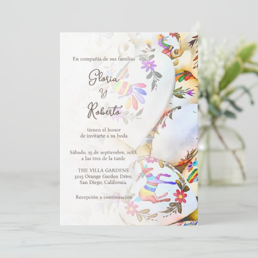 Spanisch, blumenfarbenes Herz, mexikanische Hochze Einladung (Stehend Vorderseite)