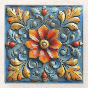 Spanisch-Blütenorange und Blau Glasuntersetzer