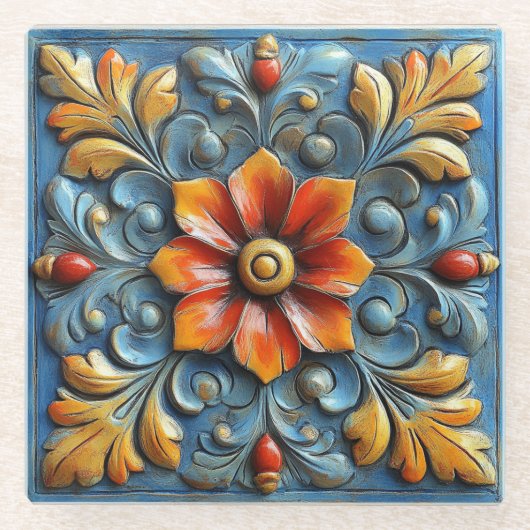 Spanisch-Blütenorange und Blau Glasuntersetzer (Vorderseite)