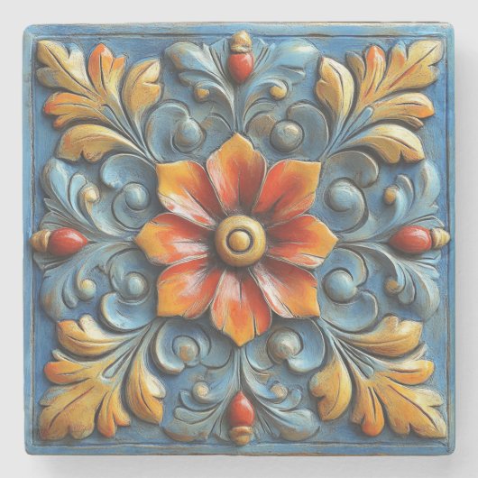 Spanisch-Blütenorange und Blau Steinuntersetzer (Vorderseite)
