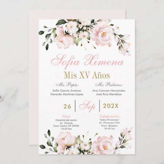 Spanisch Blütenpink Floral Quinceanera Einladung (Vorne/Hinten)