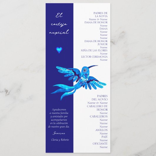 Spanisch, Boho Blue Hummingbirds Mexican Wedding Programm (Rückseite)