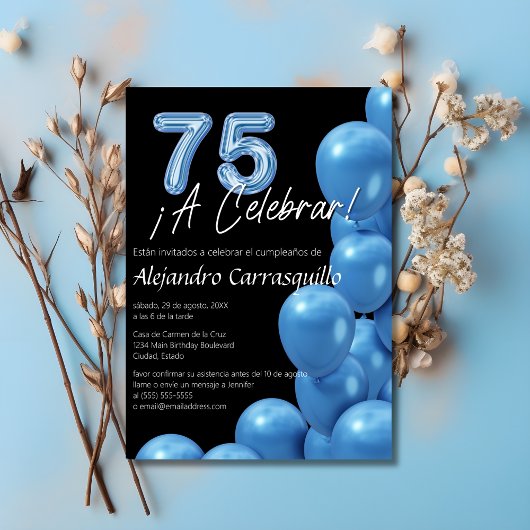 Spanisch Bright Blue Balloons Black 75. Geburtstag Einladung
