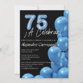 Spanisch Bright Blue Balloons Black 75. Geburtstag Einladung (Vorderseite)