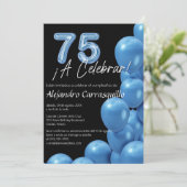 Spanisch Bright Blue Balloons Black 75. Geburtstag Einladung (Stehend Vorderseite)