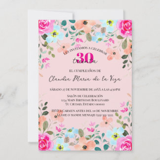 Spanisch Bright Pink Floral 30. Geburtstag Party Einladung