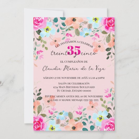 Spanisch Bright Pink Floral 35. Geburtstagsparty Einladung (Vorderseite)