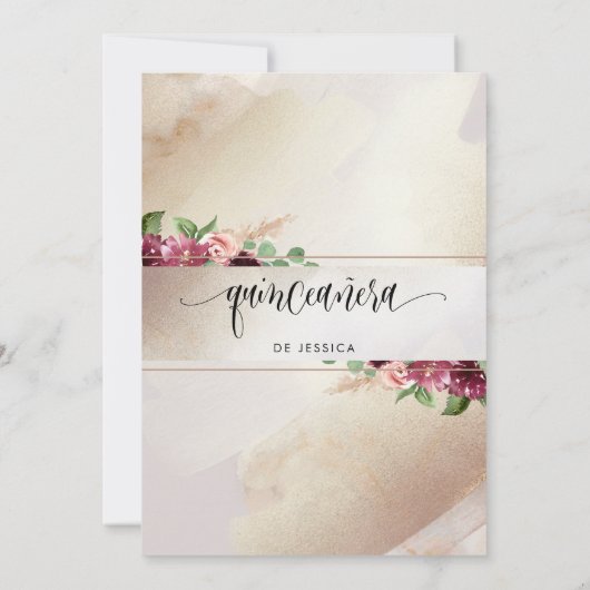 Spanisch, Burgund, Blush und Champagne Quinceñera Einladung (Rückseite)