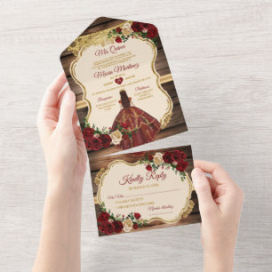 Spanisch Burgund Floral Rustikal Holz Mis Quince All In One Einladung