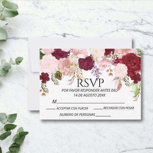 Spanisch Burgundy Blush Pink Bloral UAWG wedding RSVP Karte