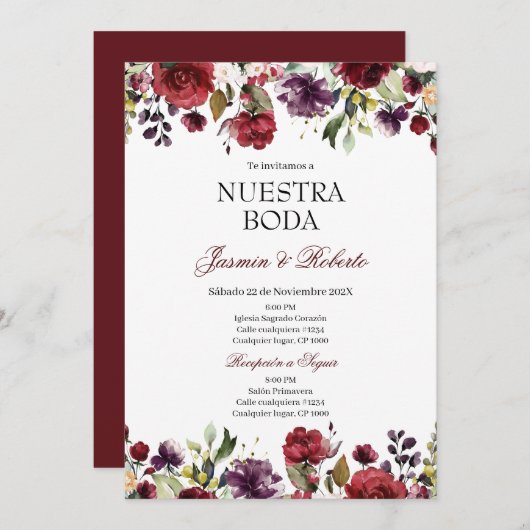 Spanisch Burgundy Floral Wedding Einladung (Vorne/Hinten)