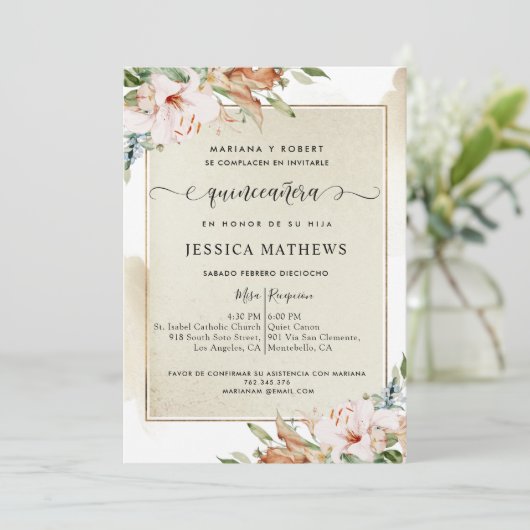 Spanisch, Champagner und Blush Quinceñera Einladung (Stehend Vorderseite)