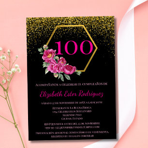 Spanisch Charmantes Schwarz Gold & Rosa 100. Gebur Einladung