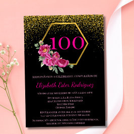 Spanisch Charming Black Gold & Pink 100. Geburtsta Einladung