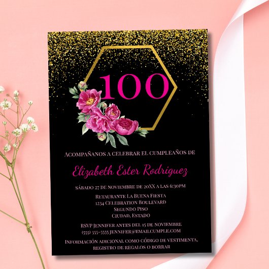 Spanisch Charming Black Gold & Pink 100. Geburtsta Einladung